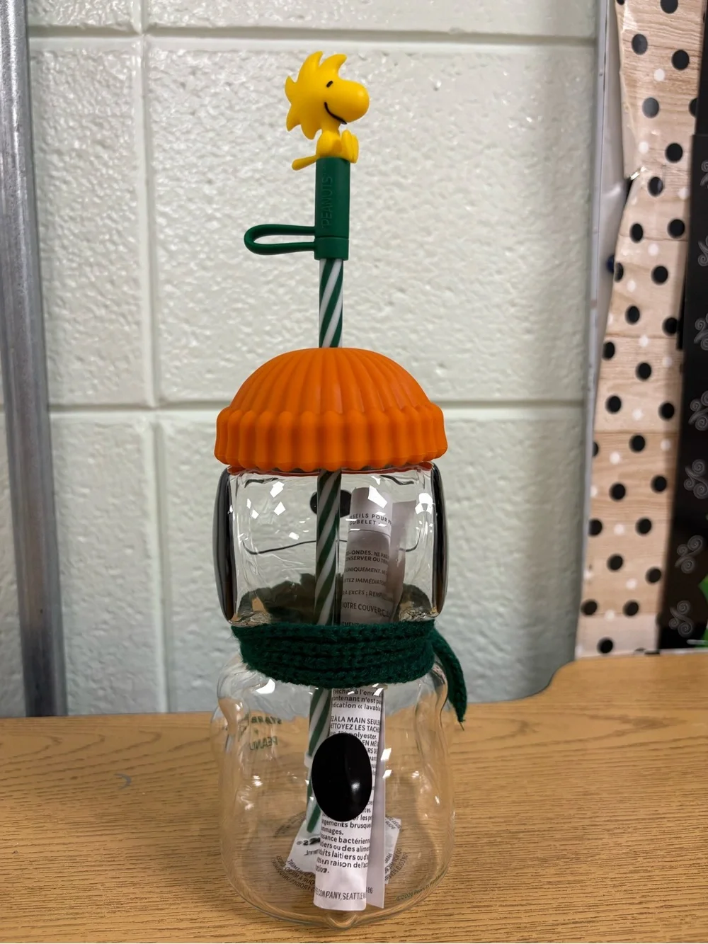 Starbucks Glass Snoopy cup with Orange Hat and Green Scarf